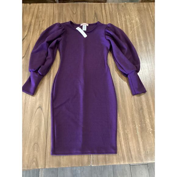 Karen T Design Balloon Long Sleeve Midi mini bodycon fitted Dress Purple S NWT - Picture 3 of 10